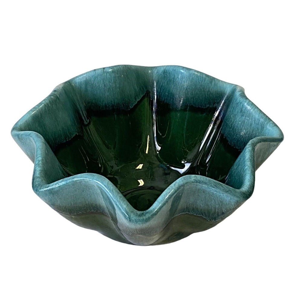 Vtg Hull Pottery USA B6 Studio Art Ruffled Bowl Signed Drip Glaze Blue Green
